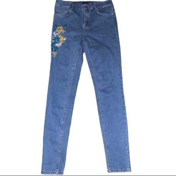 Massimo Dutti blue & yellow floral denim embroidered jeans 6 NWT - Picture 3 of 13